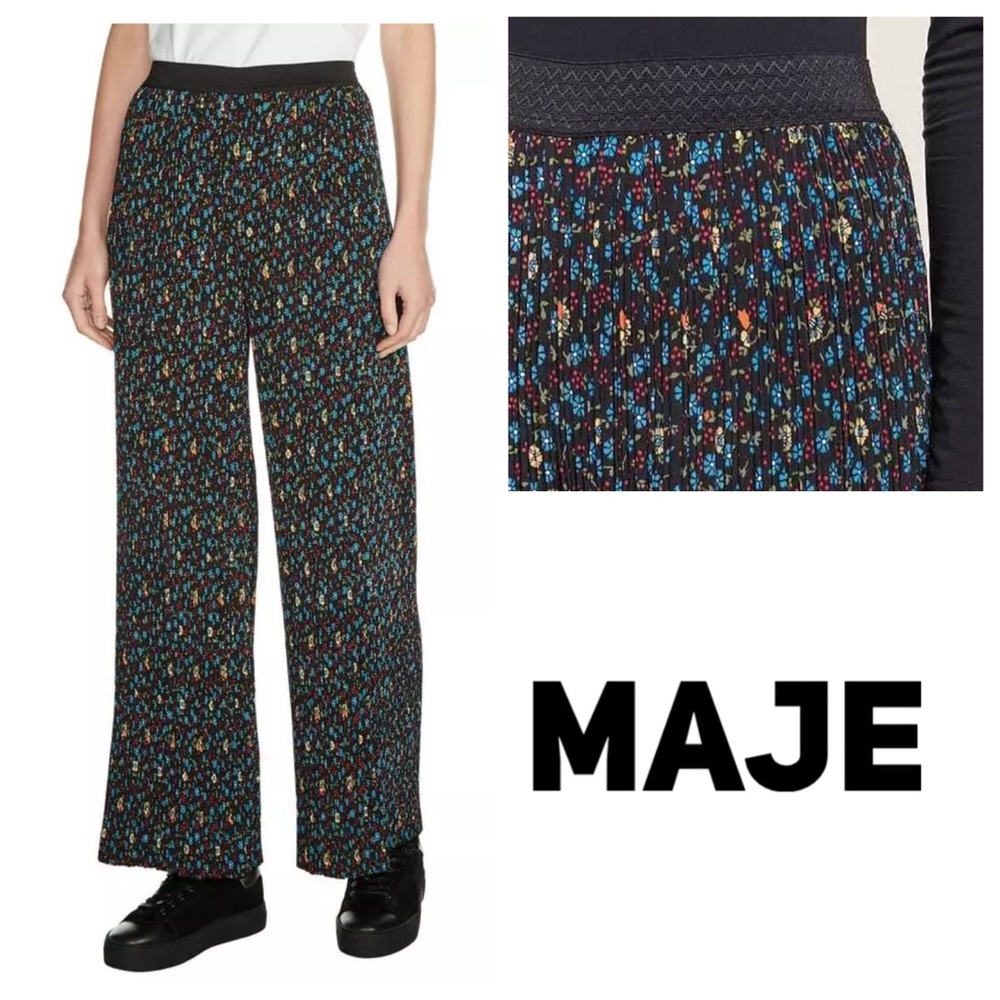 NWT Maje Plina Ditsy Floral-Print Plisse Pleated Polyester Pants